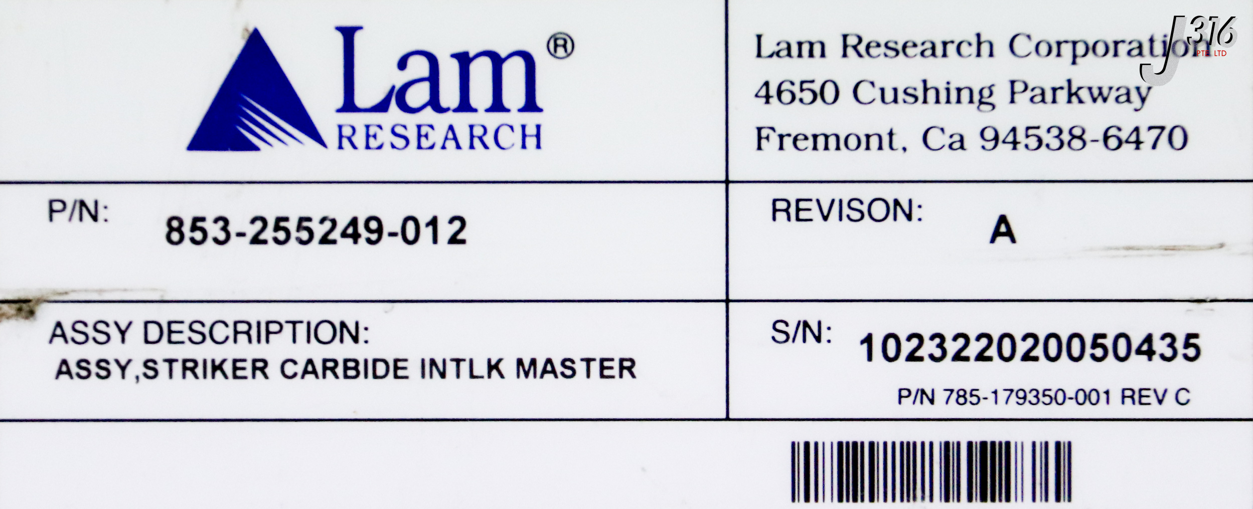 38050 LAM RESEARCH ASSY, STRIKE CARBIDE INTLK MASTER 853-255249